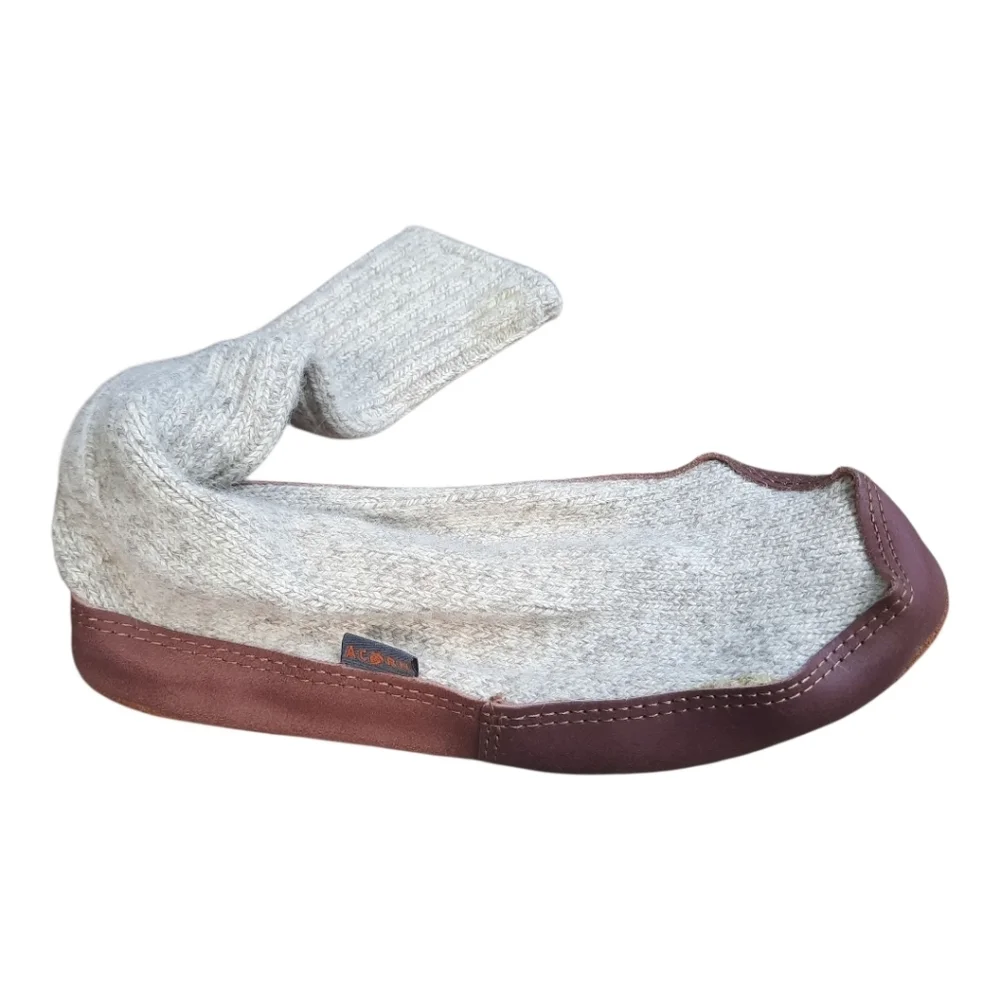 Acorn Original Slipper Sock Gray Ragg Wool Suede Sole Ribbed Knit Unisex Slipper - Picture 3 of 13